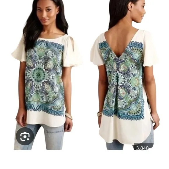 Maeve Anthropologie ivory silk floral mandala print short sleeve top tunic Sz S - Image 2