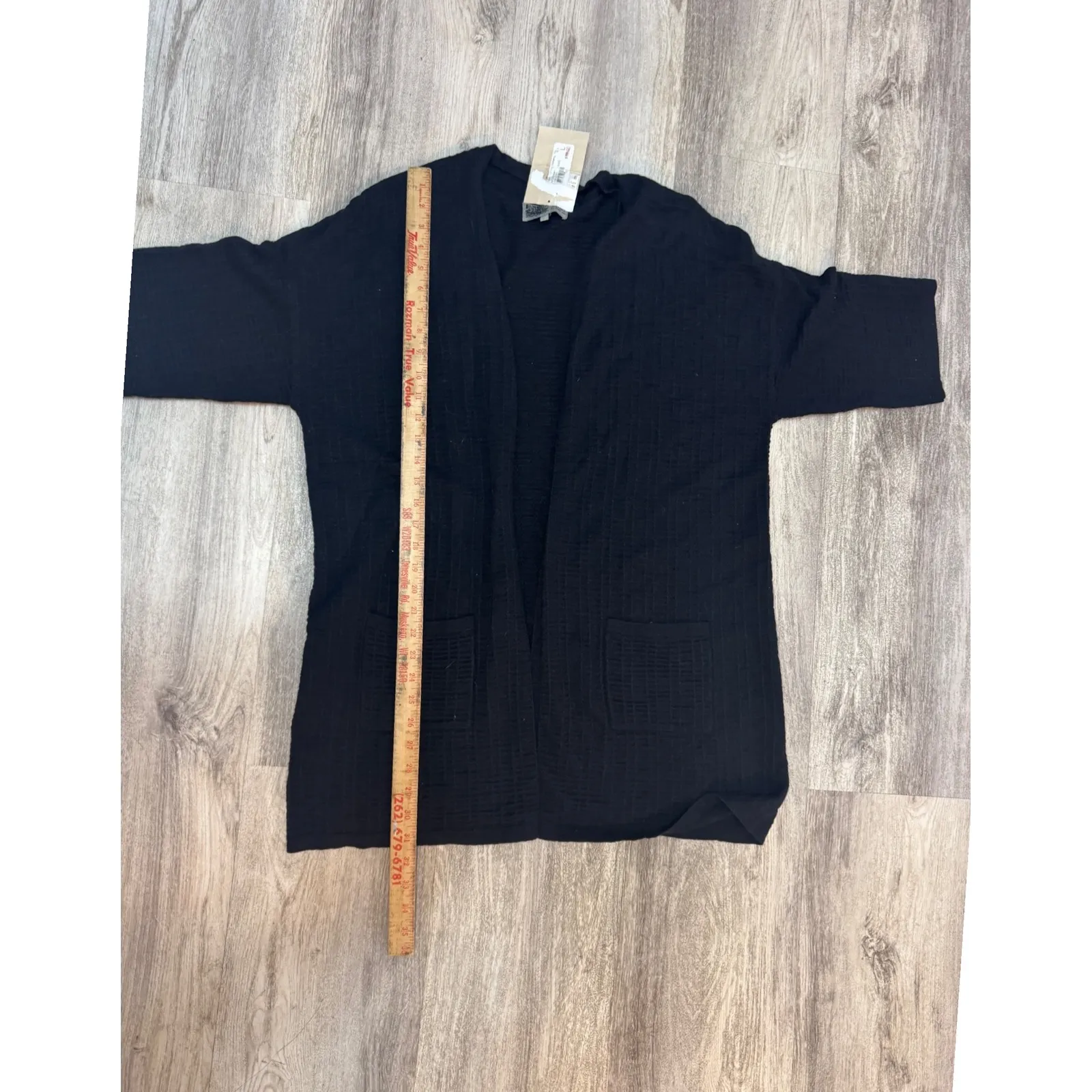 Habitat Black Textured Knit Open Front Cardigan 3/4 Sleeve Pockets Women's L - Image 7