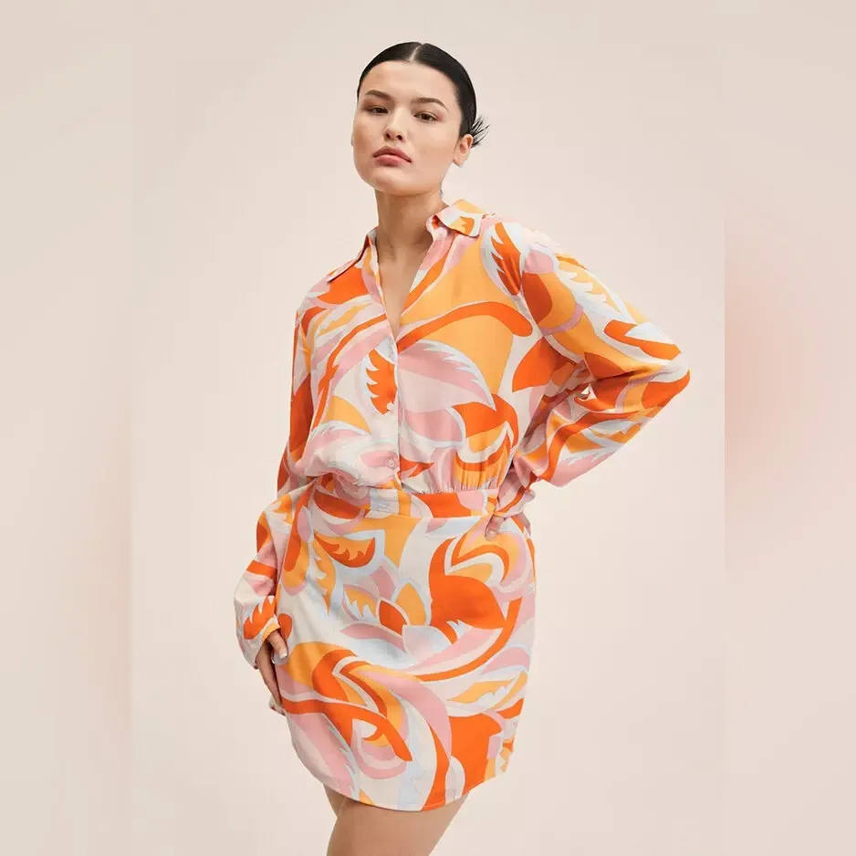 MNG Women’s Geometric Print Shirt Dress, Pink/Orange/Yellow, Size 20 - Image 2