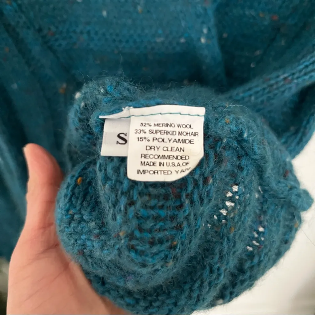 Margaret O'leary Merino Wool Superkid Teal Speckled Shawl Pullover Bell Sleeve - Image 9