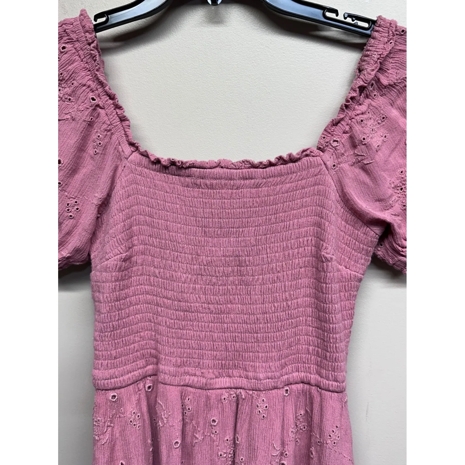 Hollister Pink Smocked Eyelet Square Neck Puff Sleeve Mini Dress XS - Image 2