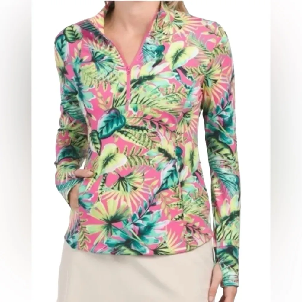 Tropical floral mock neck vented pocket half-zip UPF 50 long sleeve golf shirt - Image 3