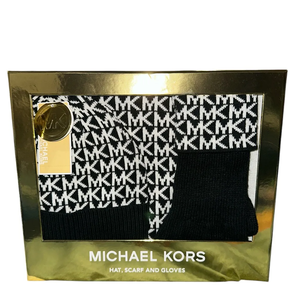 NWT NIB $148 Michael Kors Black and White Hat, Scarf, and Gloves Set - Image 3