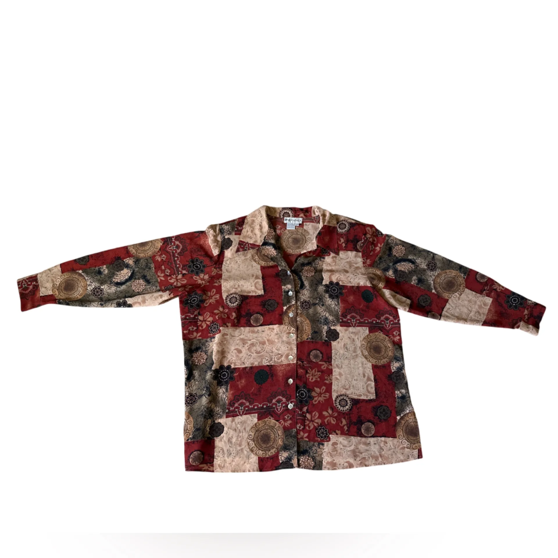 Patchwork Print Button Down Shirt Long Sleeve Boho Cottage Vintage 3XL - Image 7