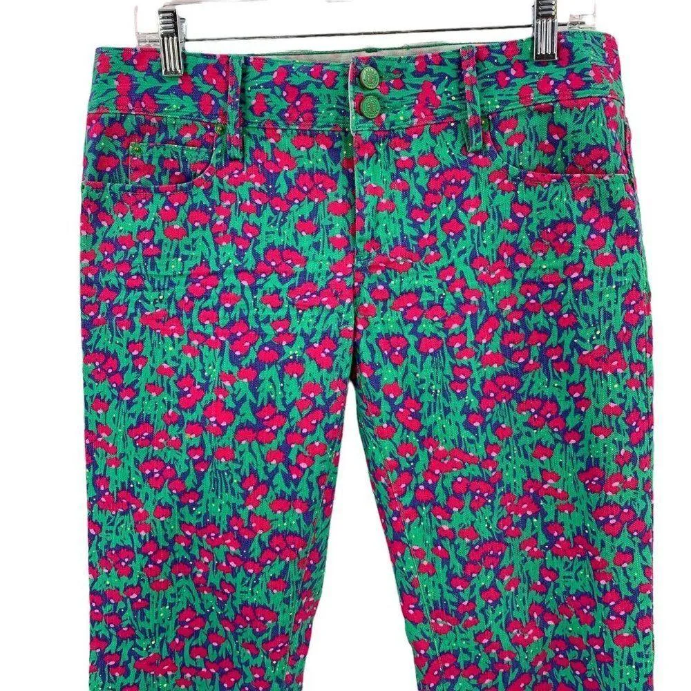 Lilly Pulitzer Worth Skinny Mini Jeans Green and Pink Floral Cotton Size 6 - Image 3
