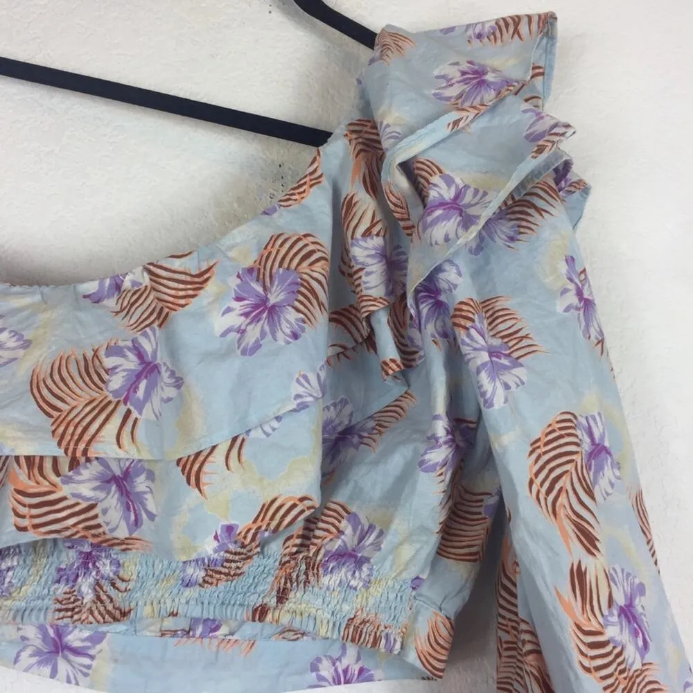 Urban Outfitters Kate One Sleeve Crop Top Large Blue Floral Ruffle - Image 9