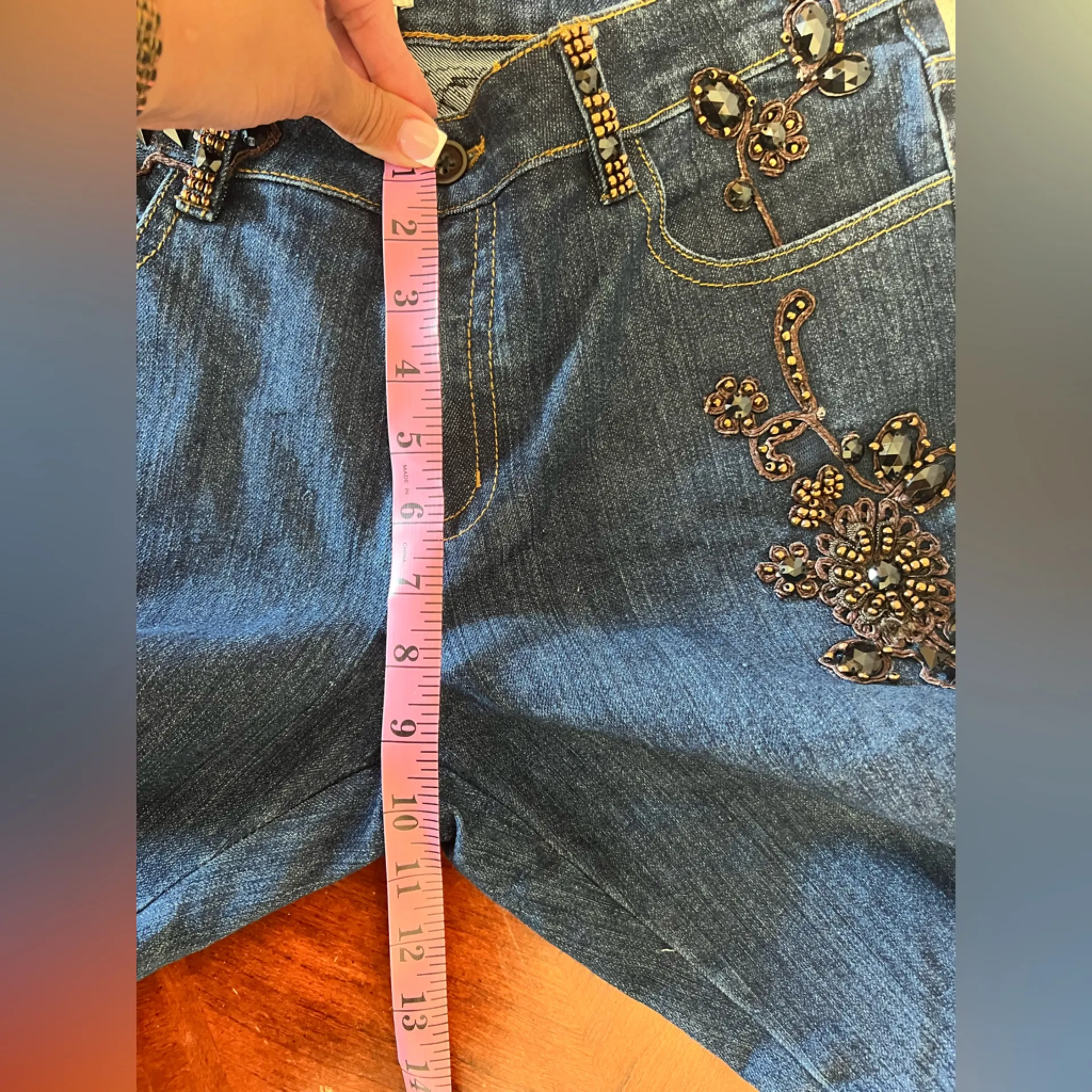 Cache Embellished Dark Wash Blue Beaded Embroidered Boot Cut Jeans Size 10 - Image 7