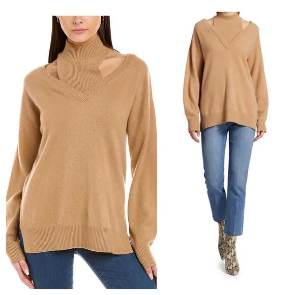 Naadam Cashmere Cutout Turtleneck Sweater Medium Tan Cozy Relaxed Oversized - Image 2