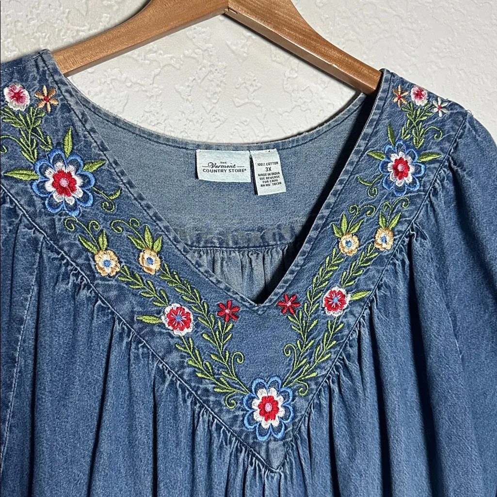 The Vermont Country Store Embroidered Denim Dress Muumuu Jumper Cottage Pockets Blue Size 3X - Image 5