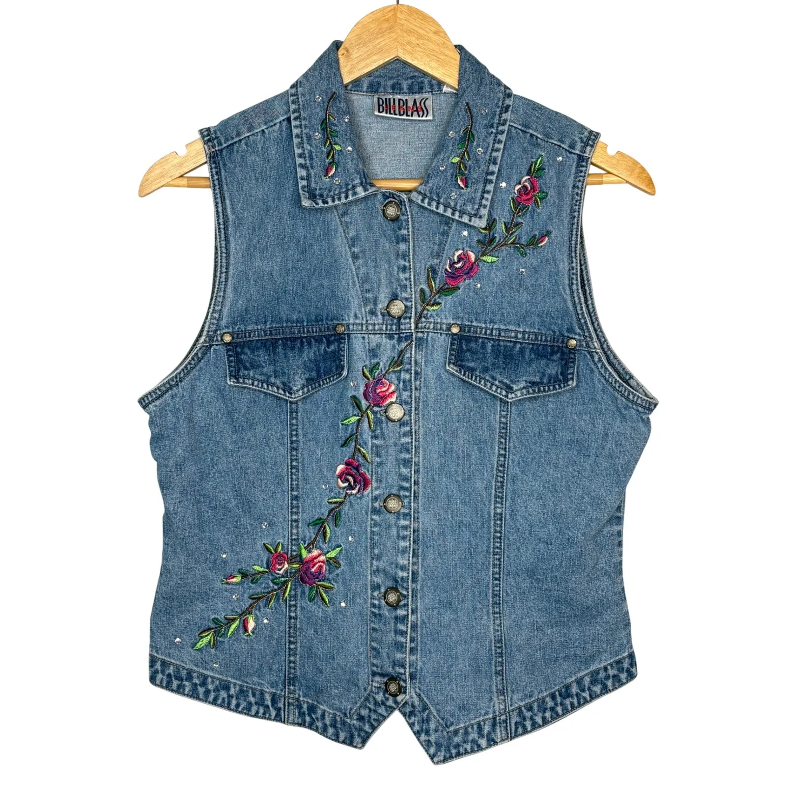 Vintage Bill Blass Denim Vest Embroidered Rose Rhinestone Women Size Medium Blue - Image 2