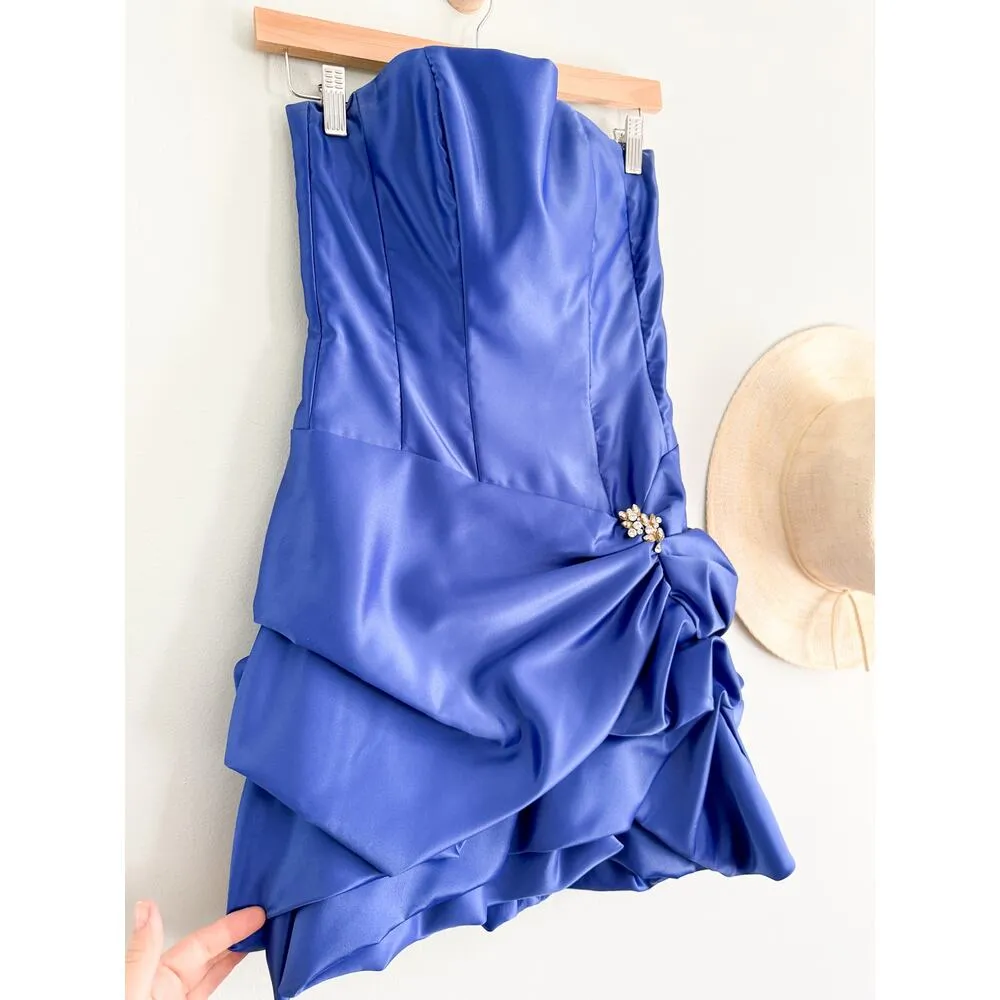 Cache | Y2K Satin Blue Strapless Bubble Hem Mini Prom Cocktail Vintage Dress | 4 - Image 2