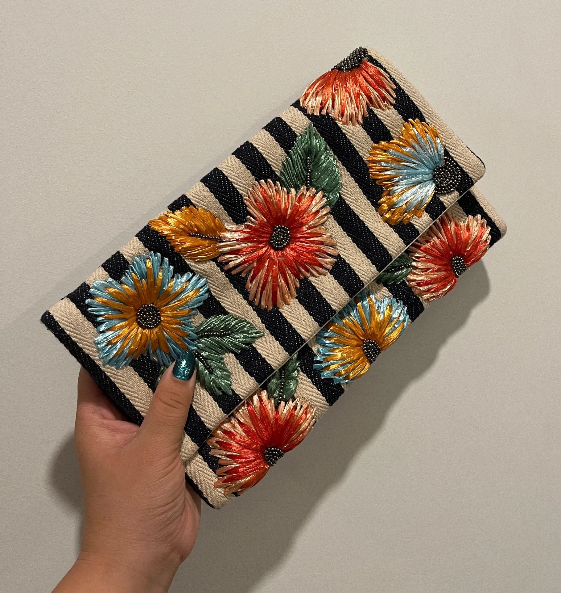 Sustainable Handmade Purse Clutch Silver Chain Bag beaded Embroidered Flowers Handmade Local Artist coastal stripes Multiple - Image 2