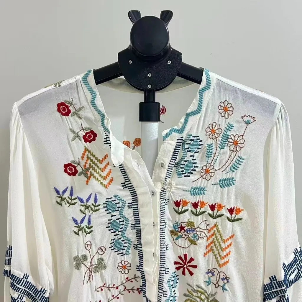 NWOT Johnny Was Biya Embroidered Floral Silk Tunic Boho White Shirt Blouse Sz S - Image 4