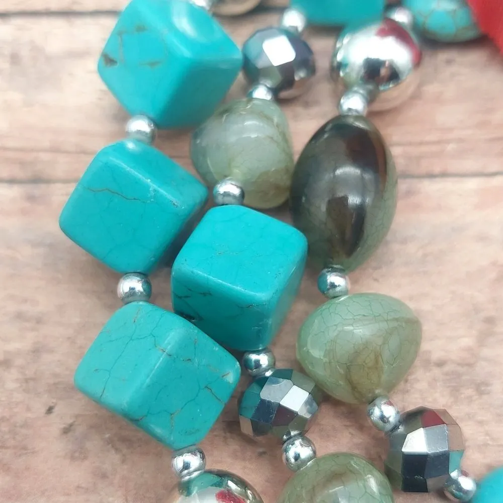 Silver Tone Faux Turquoise Statement Necklace Multi Strand Beaded Collar 21" Blue - Image 10