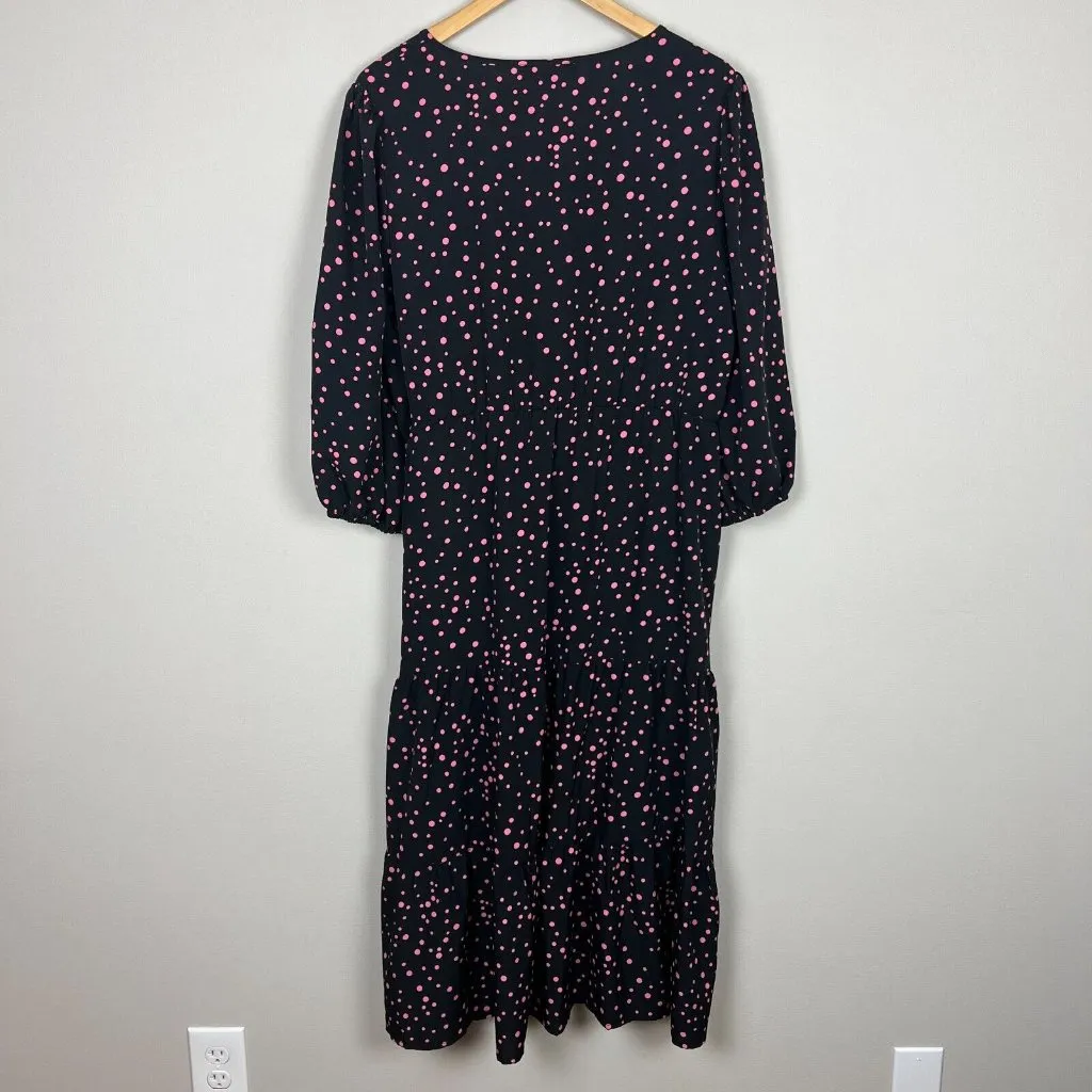 Suzanne Betro Midi Dress 1X Black Pink Polka Dot 3/4 Balloon Sleeve Pockets Plus - Image 8