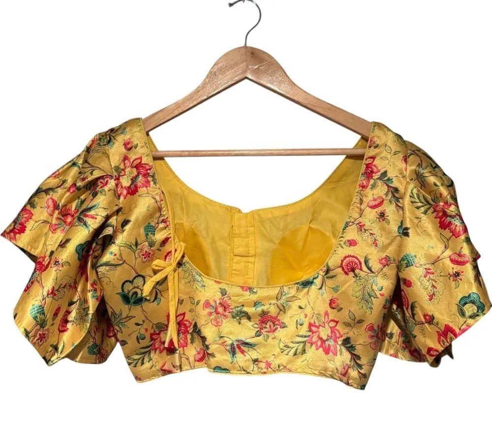 Women’s Yellow Floral Silk Ruffle Short Sleeve Cropped Blouse Size Medium - Image 14
