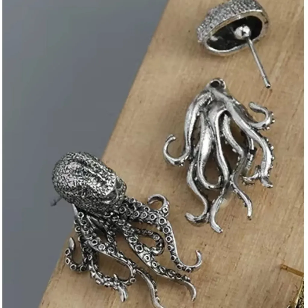 Exaggerated Retro Octopus Earrings Gothic Punk Steampunk Statement Jewelry NEW Silver - Image 3