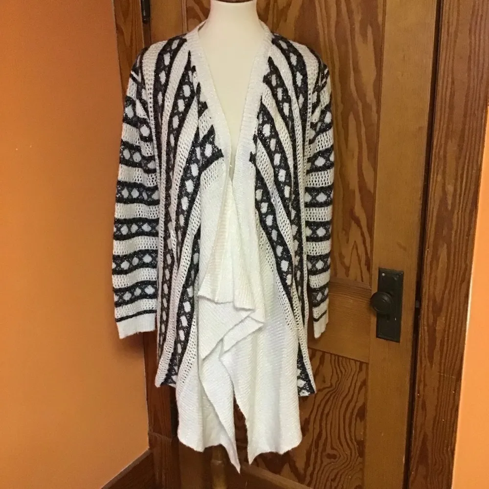 Bobeau Sparkly Black & Ivory Draped Open Front Cardigan Sweater | Boho Chic - Image 6