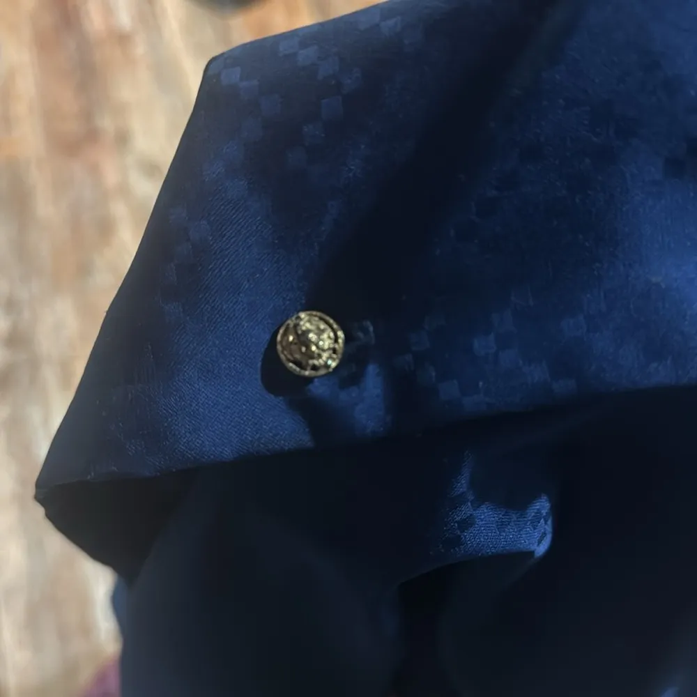 Vintage Button Down Silky Top With Tie Front Navy 16 Blue - Image 5