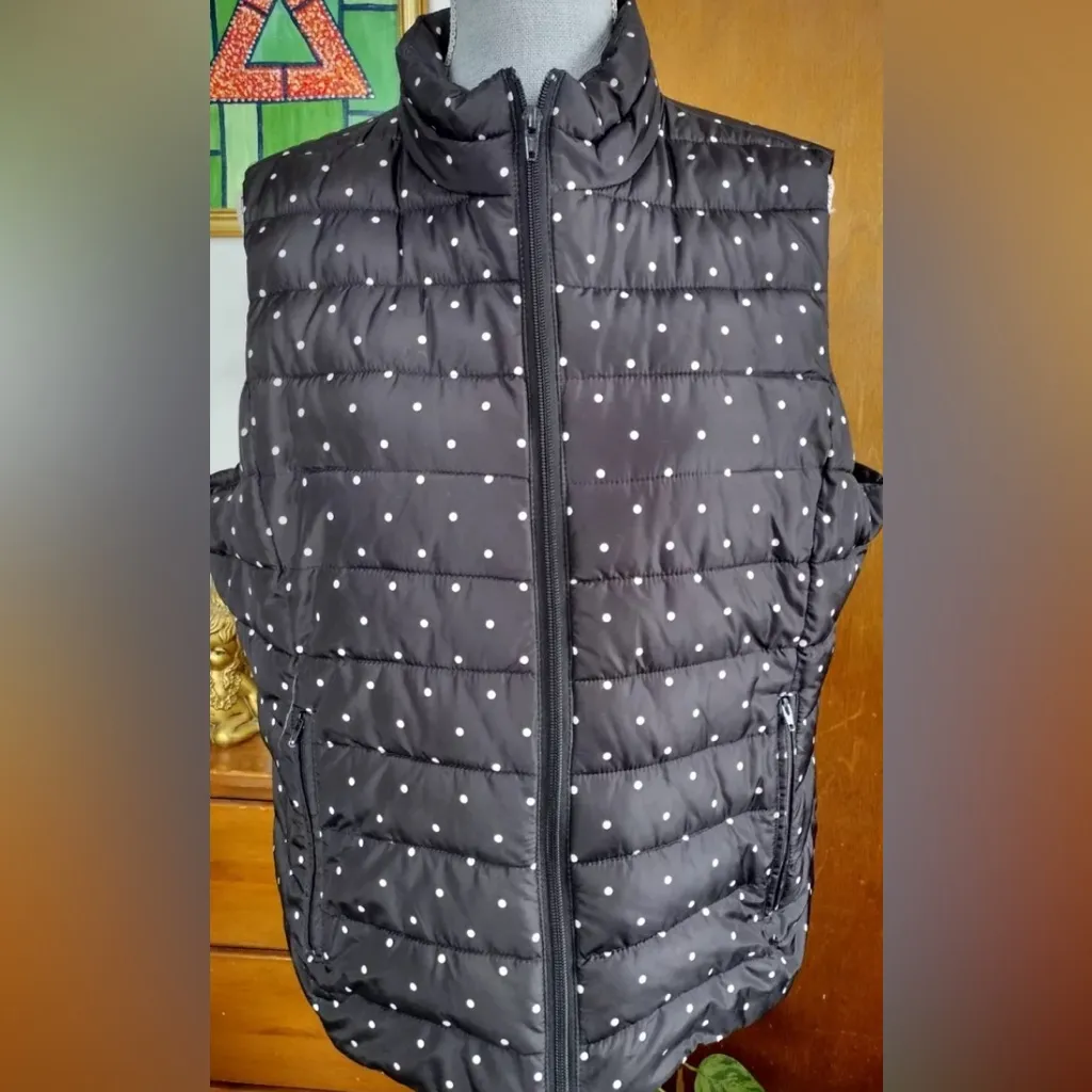 Colebrook Essentials Vest Puffer Vest Quilted Black&White Polka Dot Womens L Black Size L - Image 2