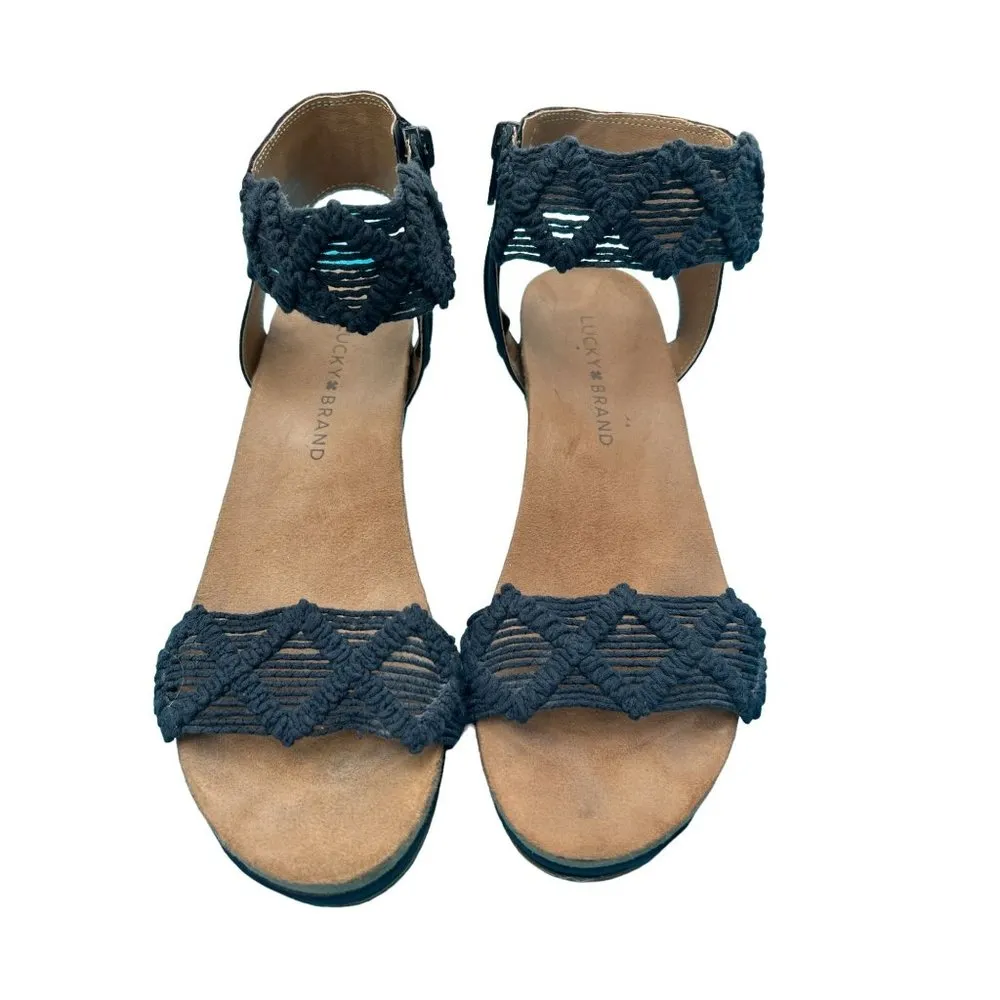 Lucky Brand Kaydyn wedge shoes sandals blue faux suede crochet ankle strap 6.5 - Image 2