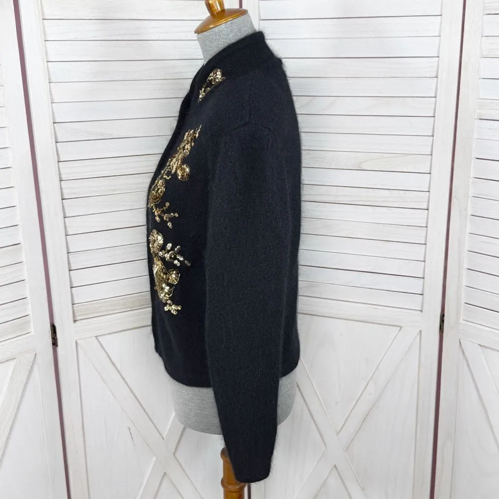 Vintage Karen Scott Sequin Fuzzy Angora Wool Cardigan Sweater Black Gold Medium - Image 2