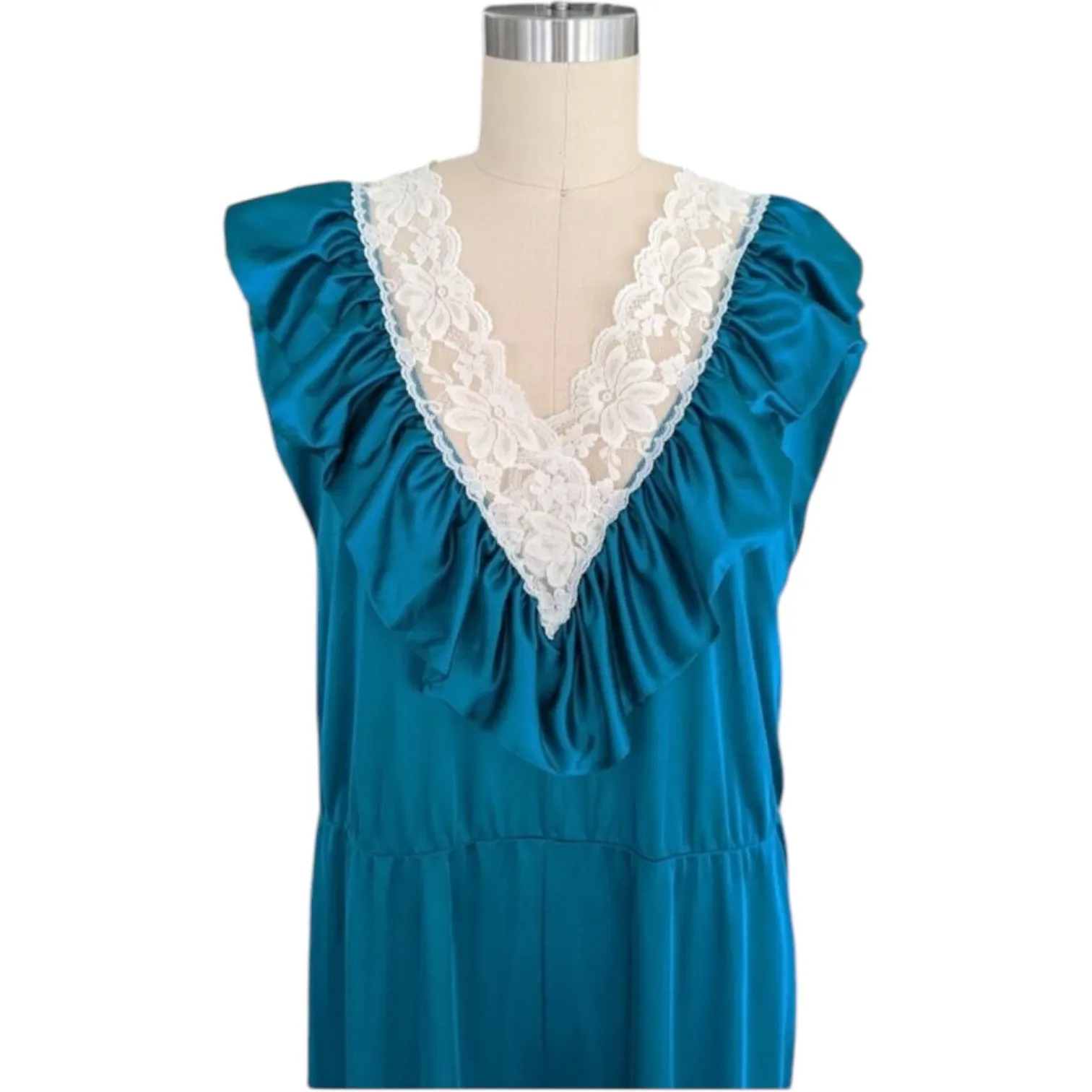 Vintage 70s Lady Cameo Dallas teal lace Ruffle Disco jumpsuit USA Made medium - Image 6