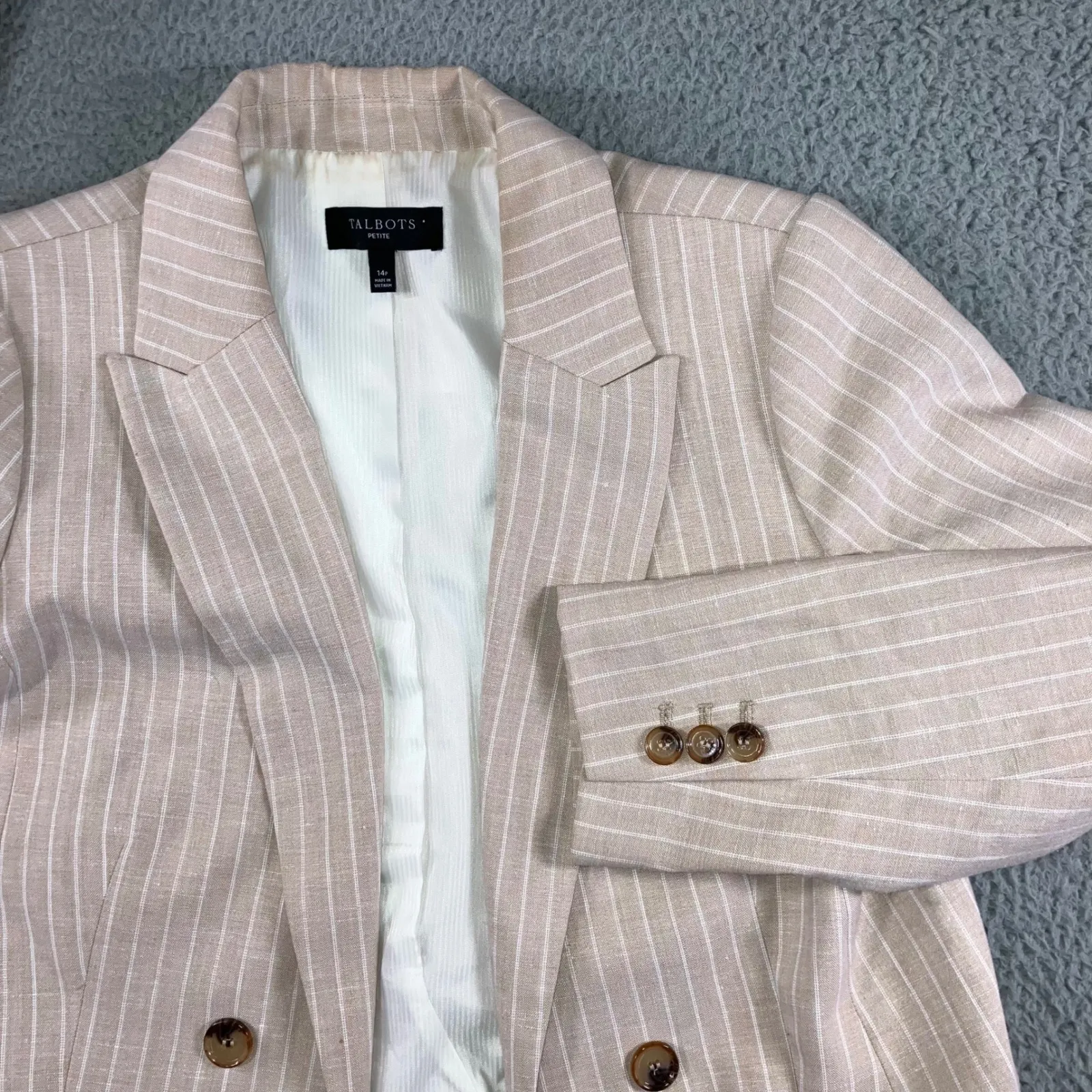Talbots Linen Blend Pinstripe Double Breasted Blazer Jacket Women 14P Beige - Image 2