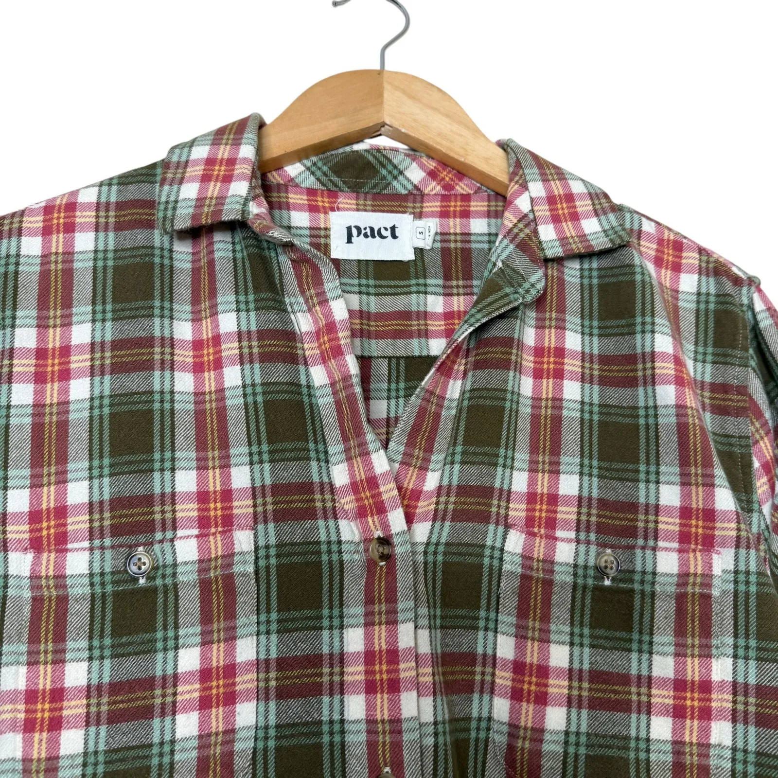 pact Red Green Plaid Flannel Shirt Button Down Organic Cotton Grunge Fall Cabin - Image 4