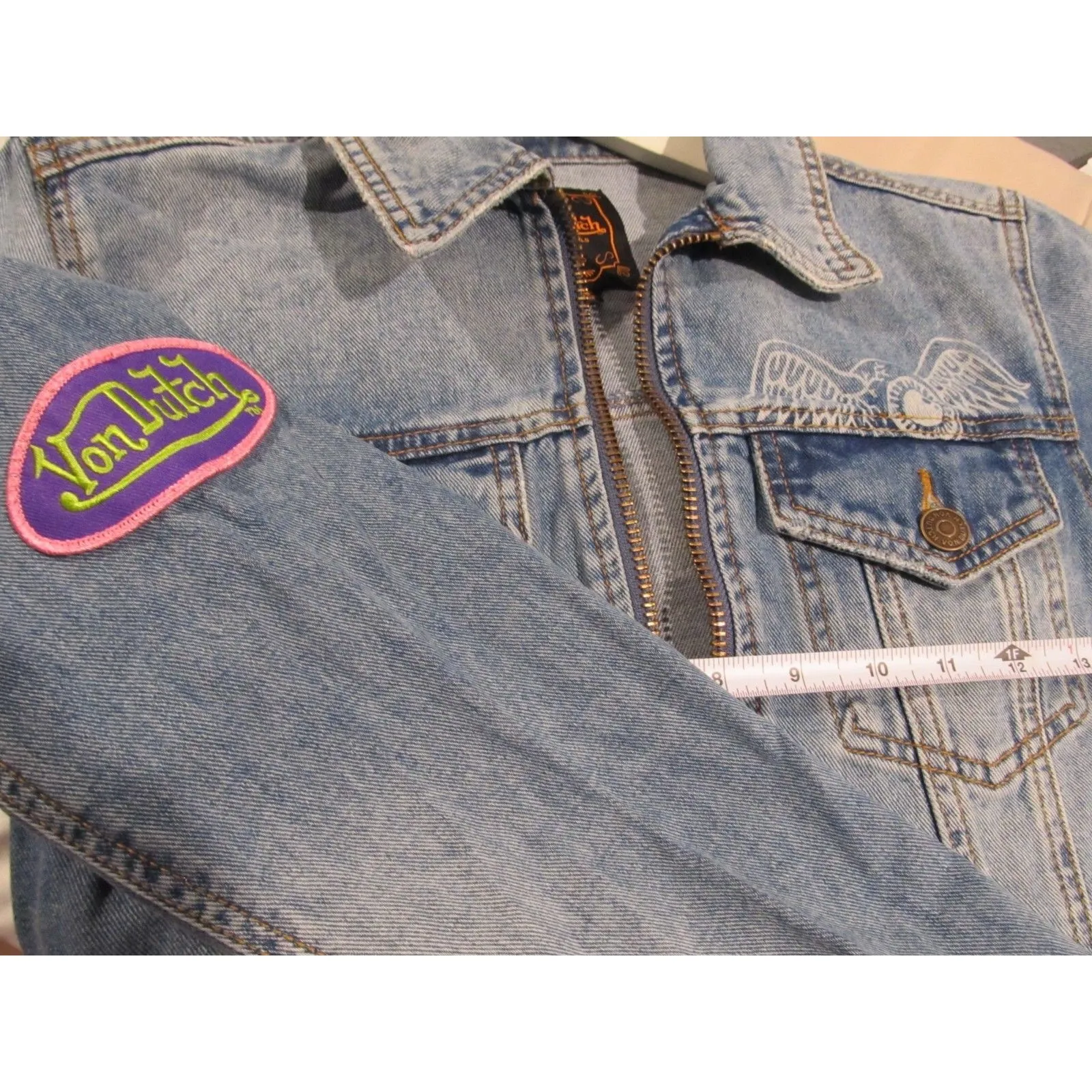 Von Dutch Zip-Front Denim Jacket Light Wash XS NWT Logo Patch Streetwear - Image 16