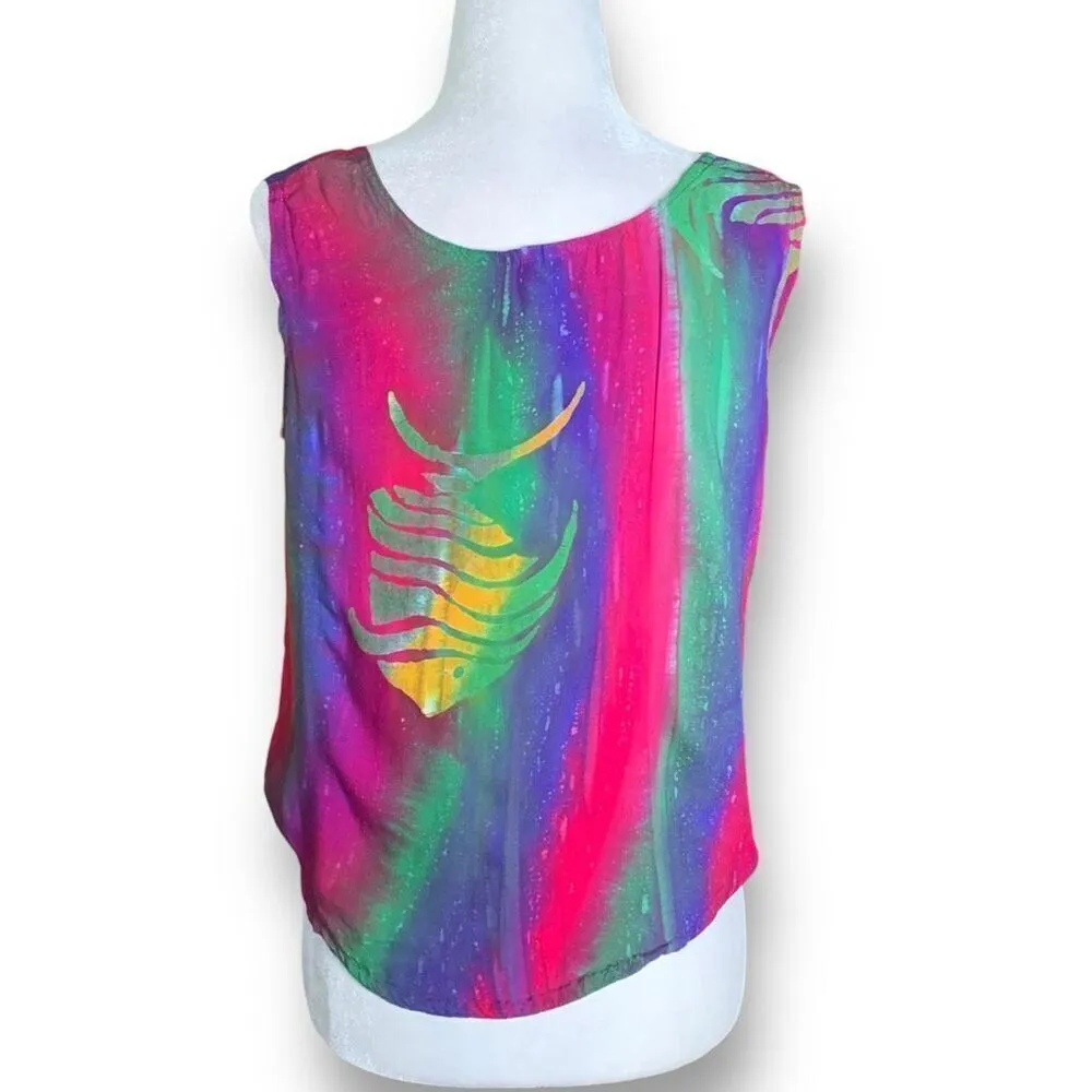 Vintage Young Fashion Top Multicolor Batik Rainbow Fish Print Scoopneck Tank Pink - Image 4