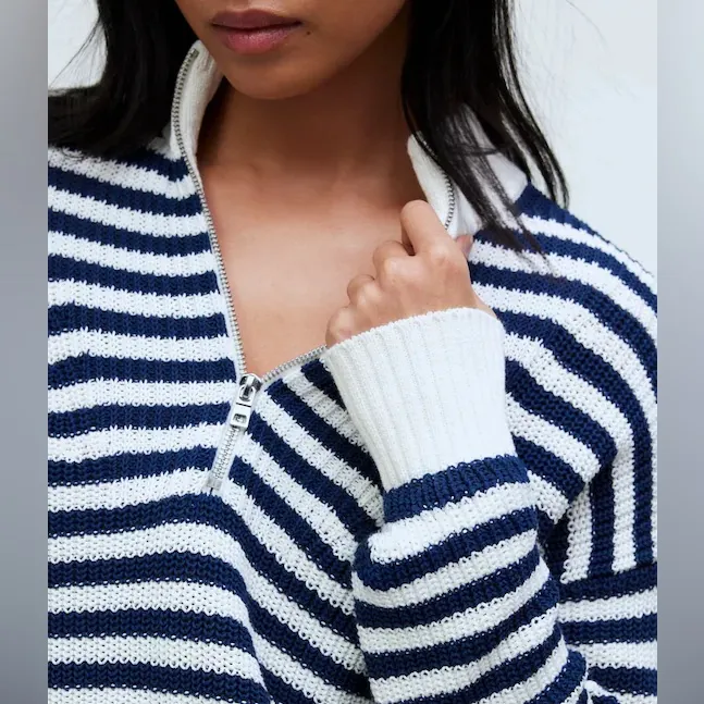Madewell Ribbed Striped Half-Zip Knit Sweater Navy/Ivory Pullover Size Small - Image 4