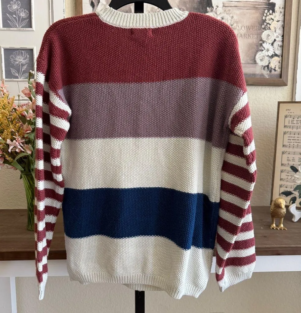 Cozy Striped Knit Sweater Women’s Large Burgundy White Blue Long Sleeve Pullover - Image 2