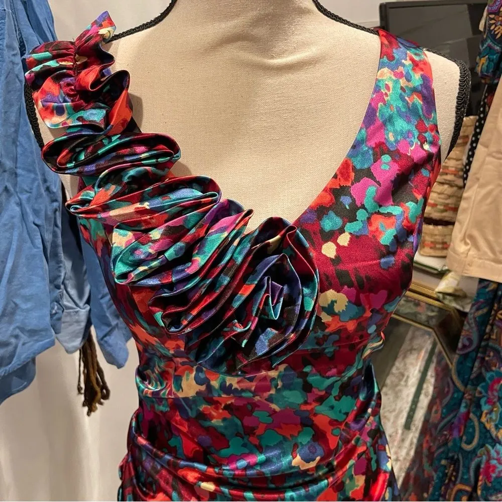 Beautiful silky rainbow 3d floral sheath dress ruched London Times v neck NYE - Image 5