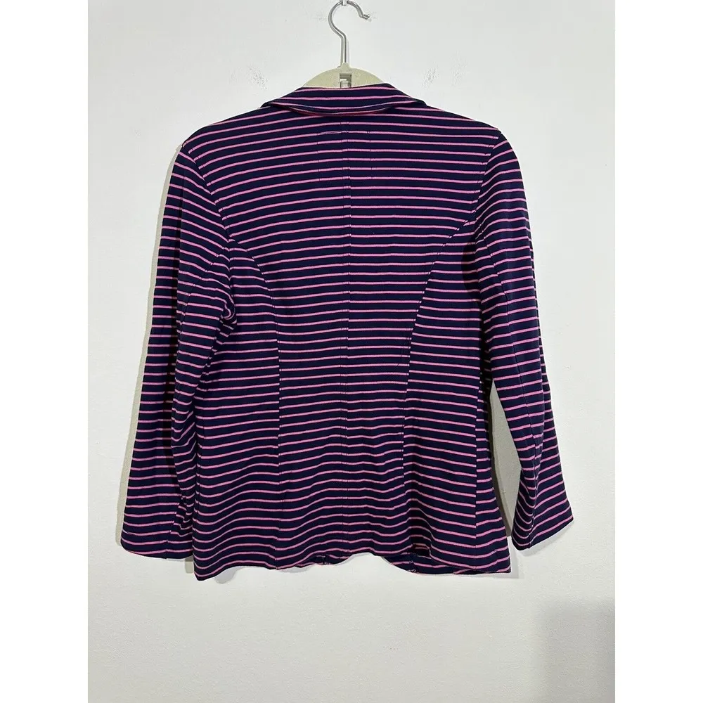 SO Women's Jr Sz L Navy Pink Striped Button Front collared blazer pockets - Image 3
