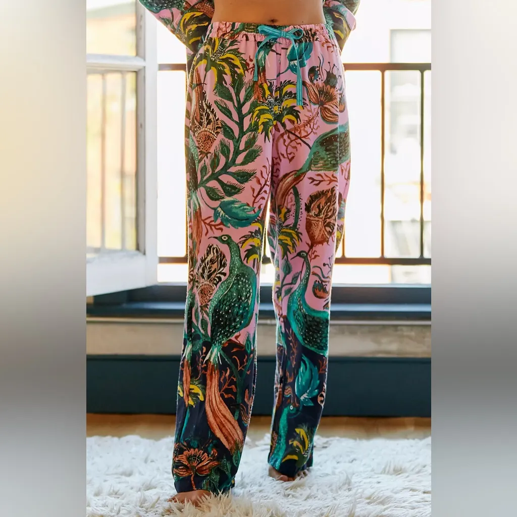 Anthropologie Raphael Balme Peacock Flannel Sleep Pants & Shirt Top XS S Pink - Image 3