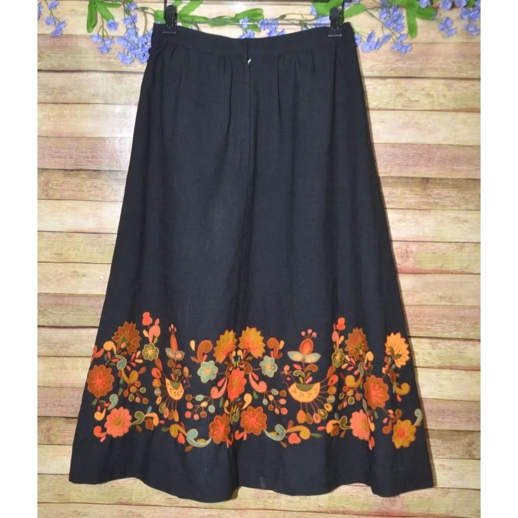 Vintage Unique Fall Handmade Ladies M Black Floral Crewel Embroidered Midi Skirt - Image 5