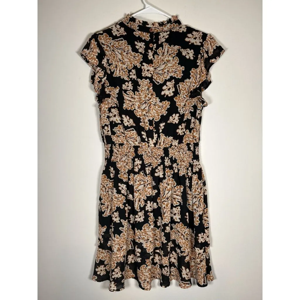 THML  Floral Fall Flutter Ruffle Black Brown Mini Dress Boho Cottagecore Medium - Image 6