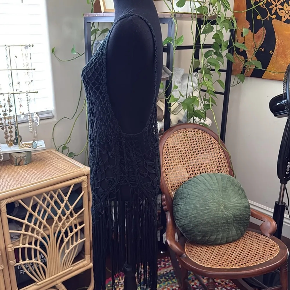 Unbranded Black Open Weave Crochet Tassel Fringe Hem Backless Cover Up Dress Size undefined - Image 3