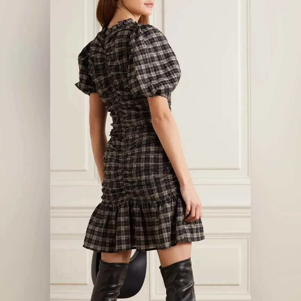 Ganni Ruched Seersucker Mini Dress Plaid Tan Black beige puff sleeves neutral - Image 4