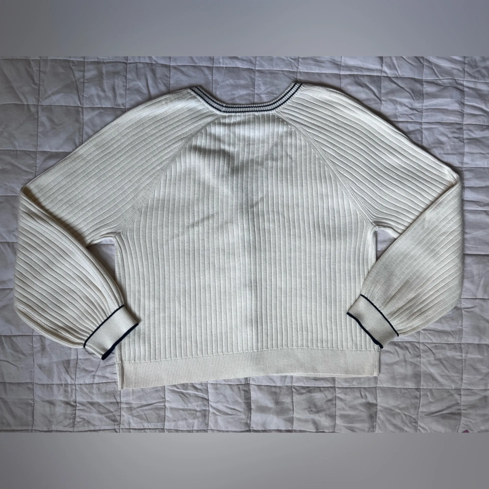 Talbots Cream Navy Trim V Neck Rib Knit Cardigan Sweater Old Money Preppy - XL - Image 3