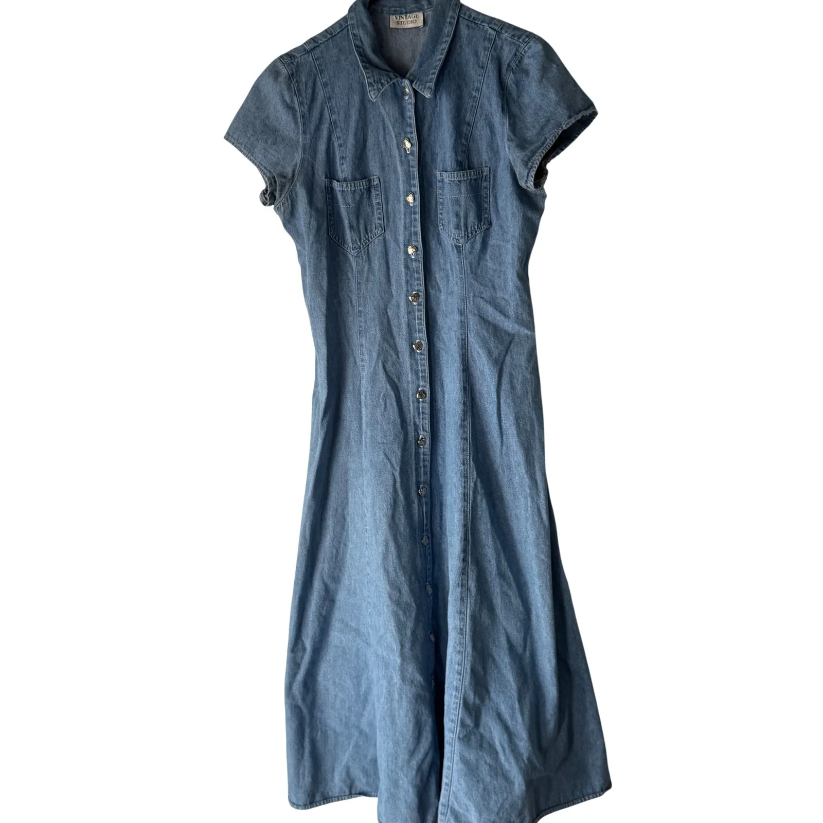 Vintage Western Denim Button Front Midi Dress Short Sleeve Cottage Boho Blue Size M - Image 2