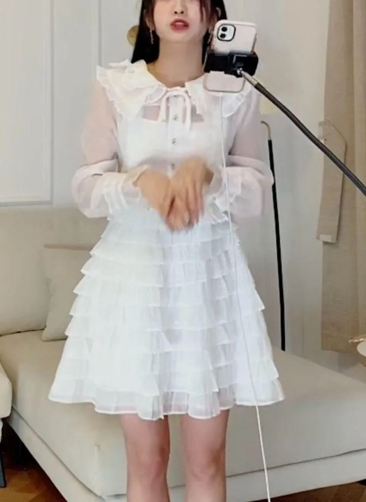 Japanese Kawaii Miu White Princess Balletcore Tiered Layered Ruffle Mini Dress Size XS - Image 3