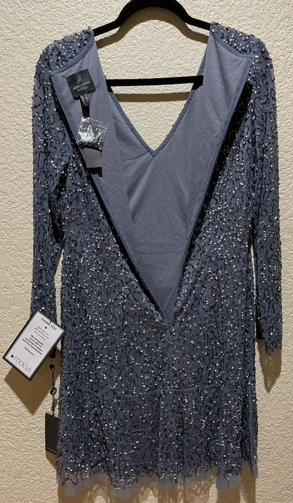 NWT Adrianna Papell Beaded Cocktail Dress Dusty Blue Size 6P - Image 5