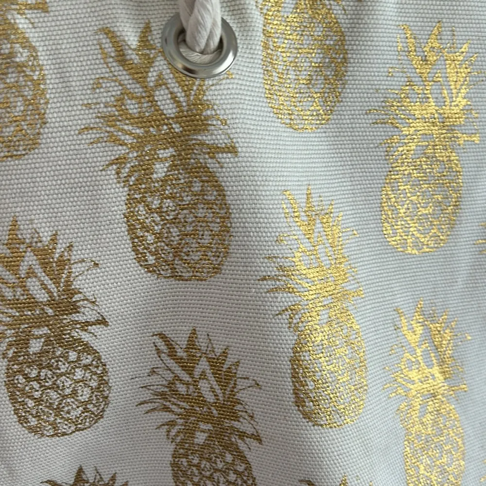 Cream/Gold Pineapple Print Cotton Blend Beach Bag Gold - Image 2