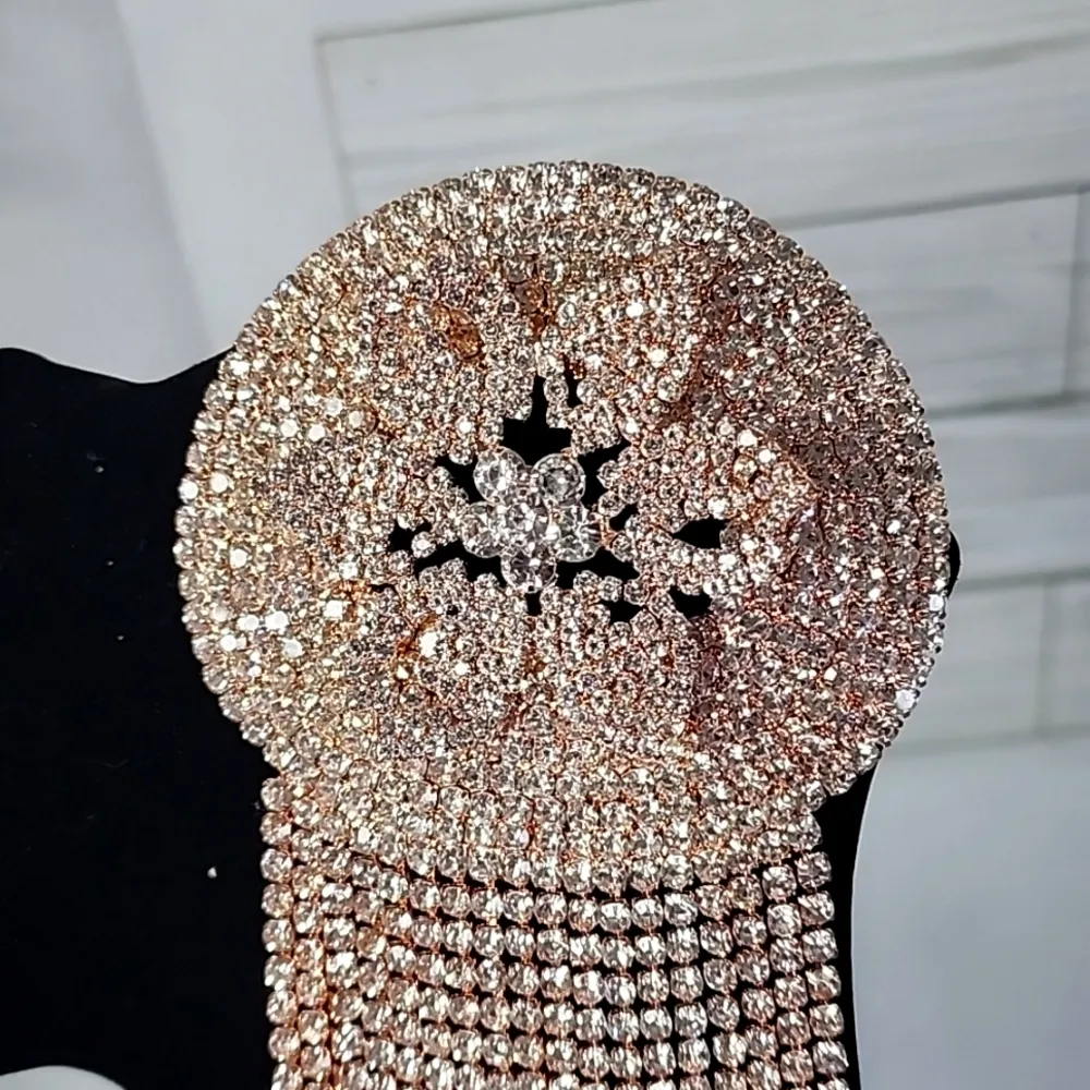 Large Statement Petal Flower Brooch Pin Rose Gold Rhinestone Fringe New - Image 4