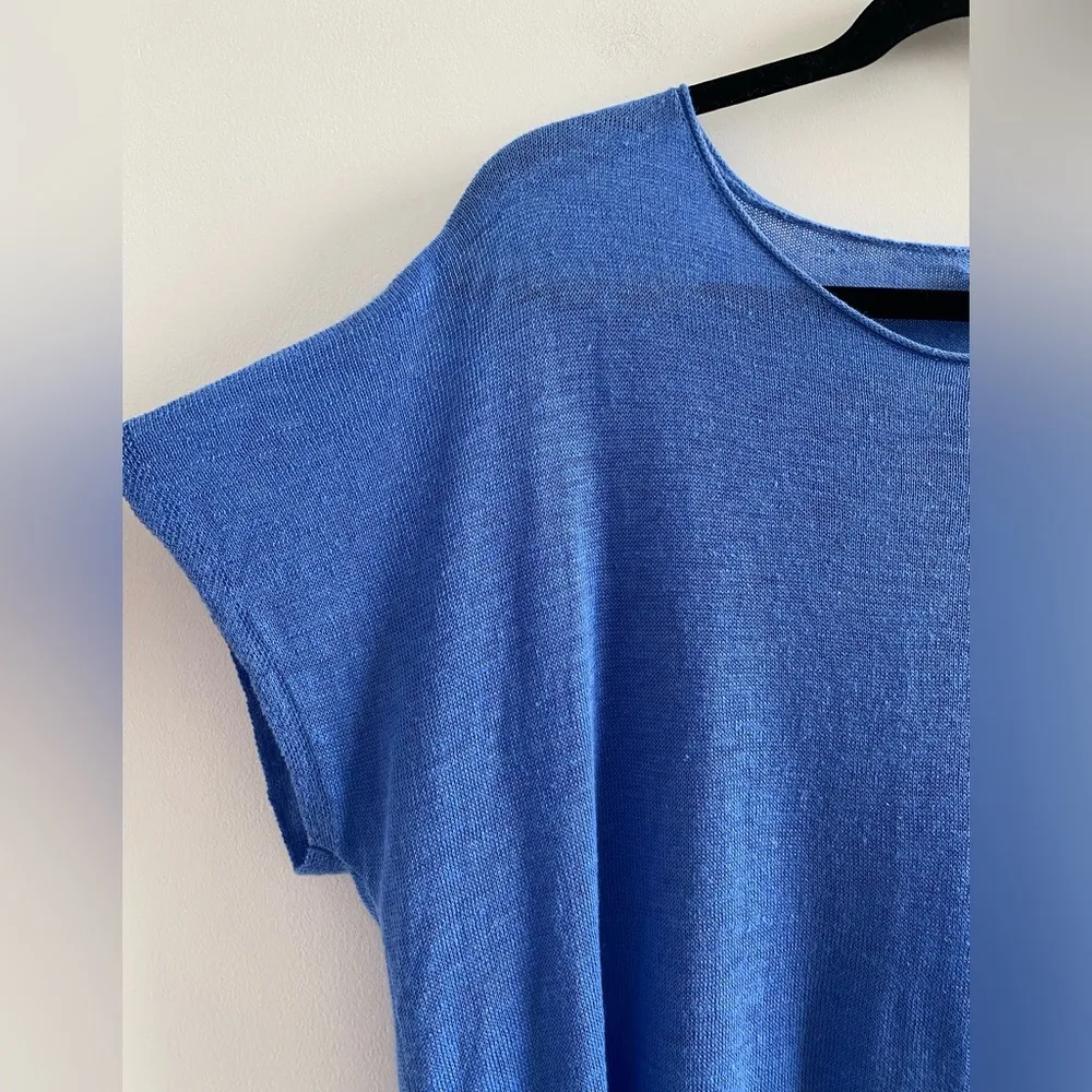 Eileen Fisher Blue Linen High-Low Short Sleeve Sweater Size Petite Medium - Image 4