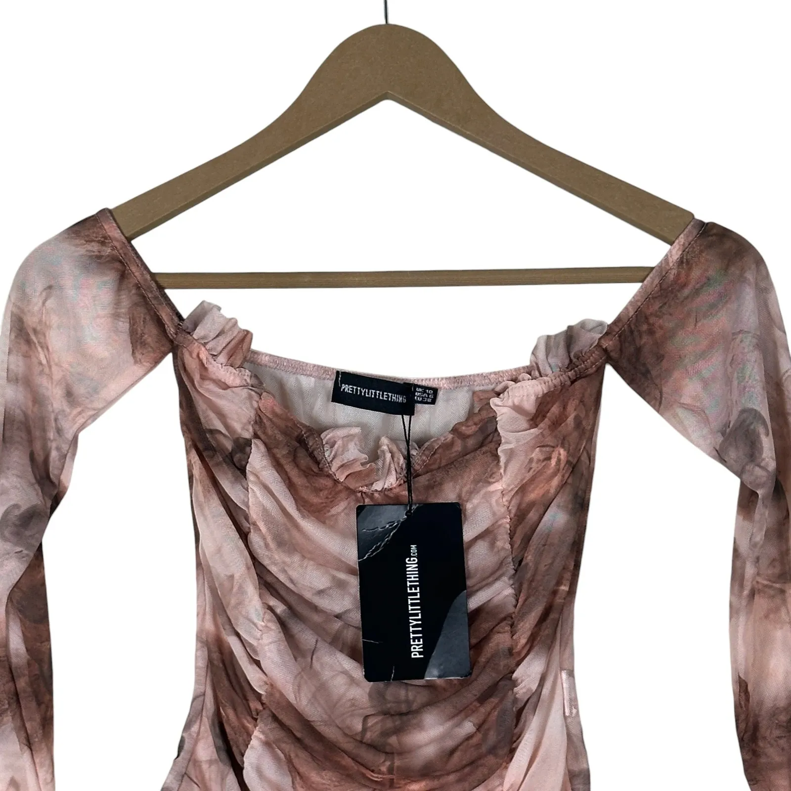 NWT PrettyLittleThing Bodysuit Womens 6 Pink Mesh Ruched Bardot Y2K Party - Image 5