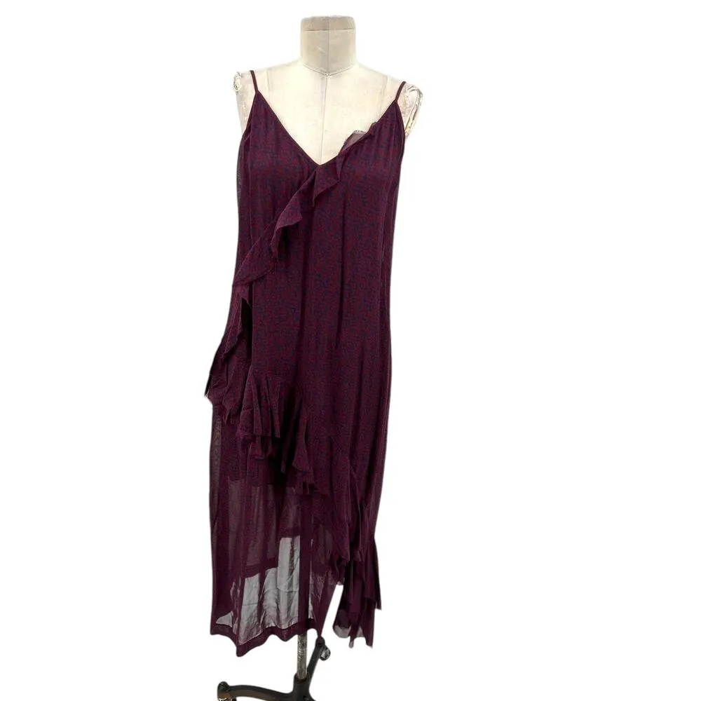 Iro Granby Sleeveless V-Neck Ruffle Trim‎ Midi Dress Burgundy Navy Size 40 US 8 - Image 3