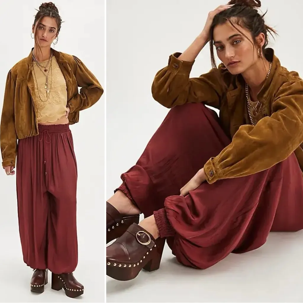 Free People Billowy Bohemian Silky Sleepover Crush Balloon Genie Harem Pants XL - Image 2